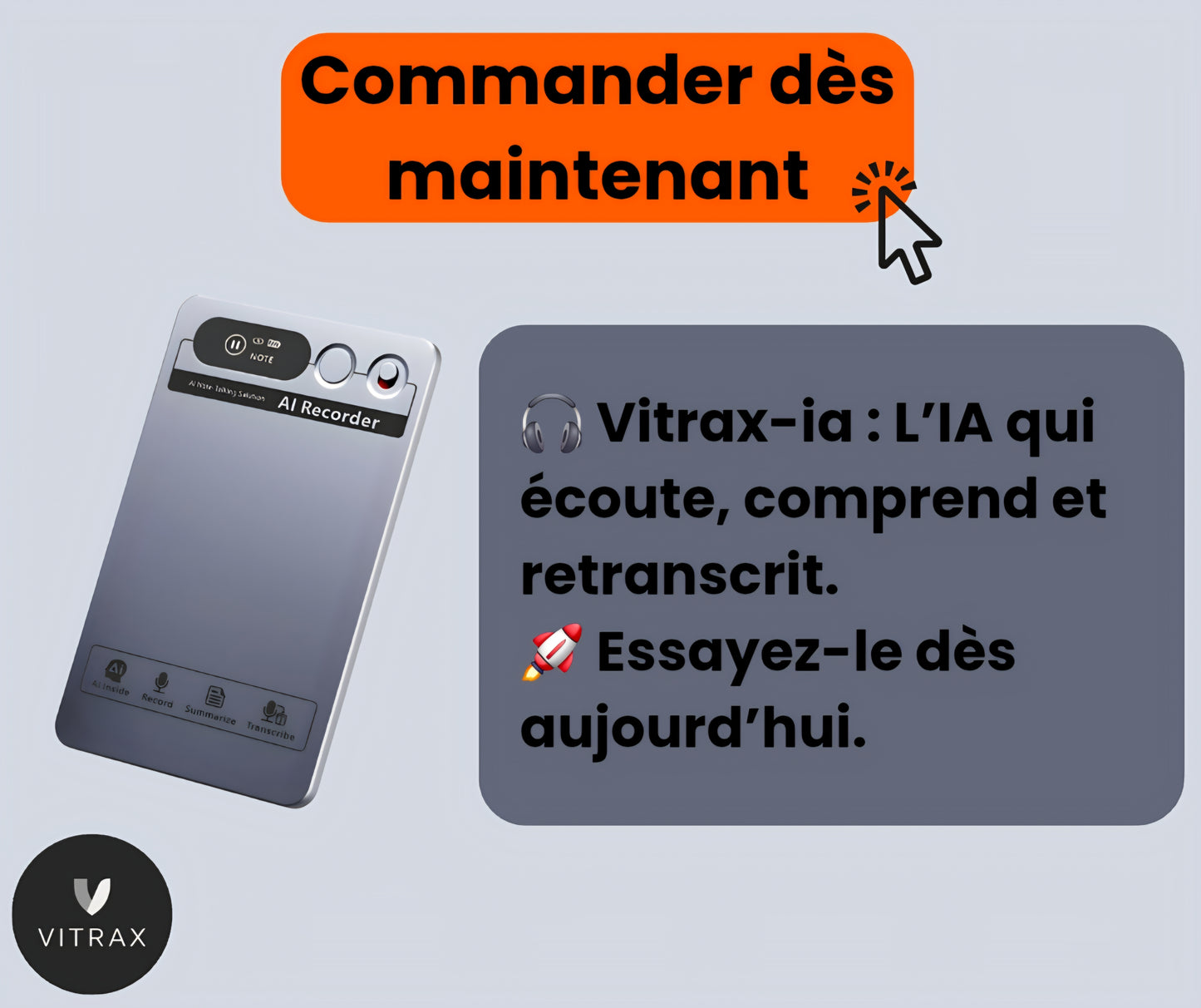 Vitrax-IA Voice Recorder™ – L’IA qui écoute, comprend et retranscrit.
